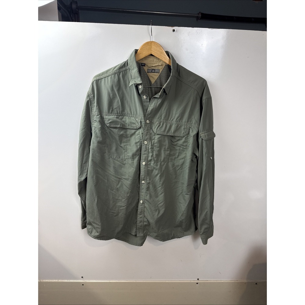 REI Long Sleeve Green UPF 50 Shirt Fishing Hunting Camping Hiking Men L